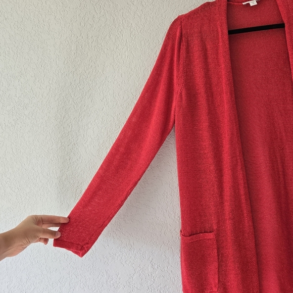 J Jill Orange Open Knit Cardigan Sweater M Tall Long Line Linen Blend - Picture 2 of 6